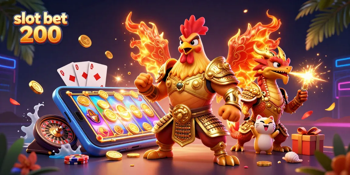 Experience the excitement of slot bet 200 in this vibrant 3D illustration filled with action and casino elements.