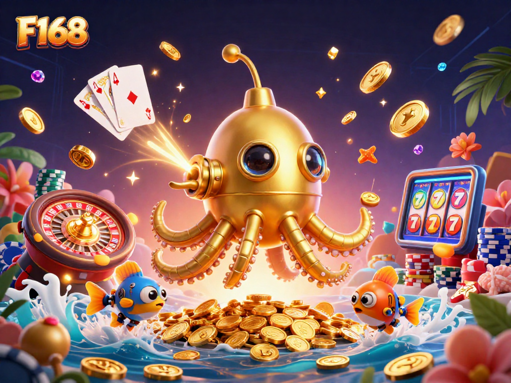 Experience the thrill of F168 with a vibrant 3D illustration depicting a kraken submarine amidst cascading coins and casino elements.