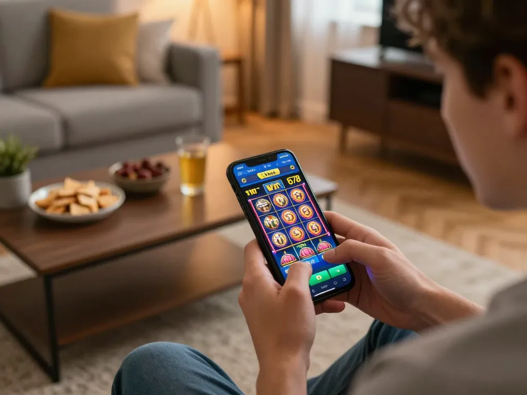 Player engaging with the Win 678 app on smartphone, enjoying vibrant casino gaming from home.