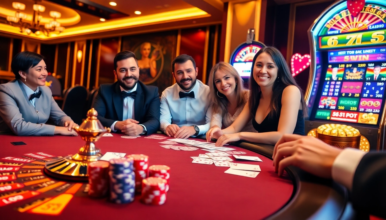 Exciting scene at 58win com casino with poker table, roulette wheel, and vibrant slot machines.