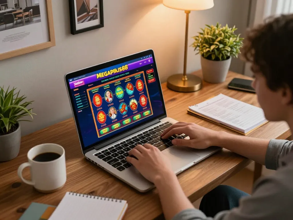 Engaged player exploring megaplus88 online casino games from cozy home setup.