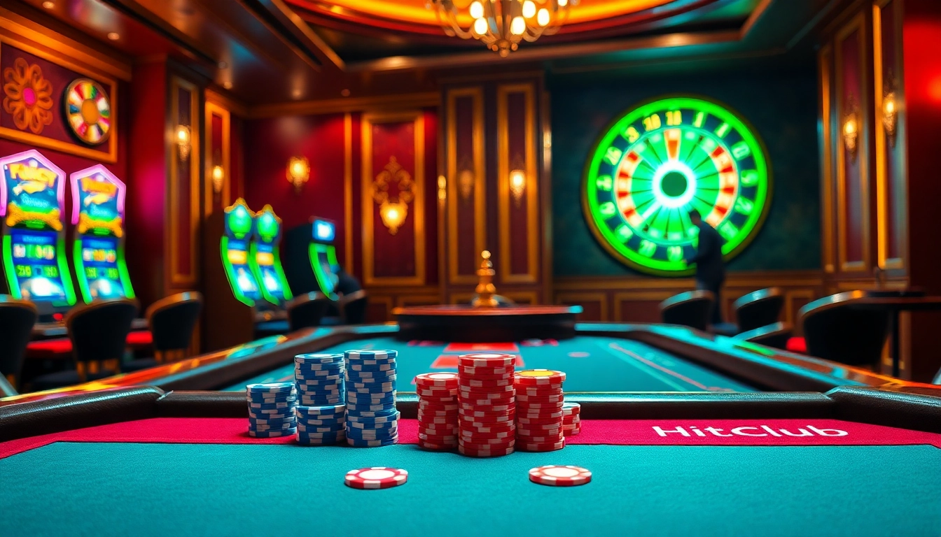 Hitclub casino scene featuring vibrant poker gameplay with colorful cards and chips.