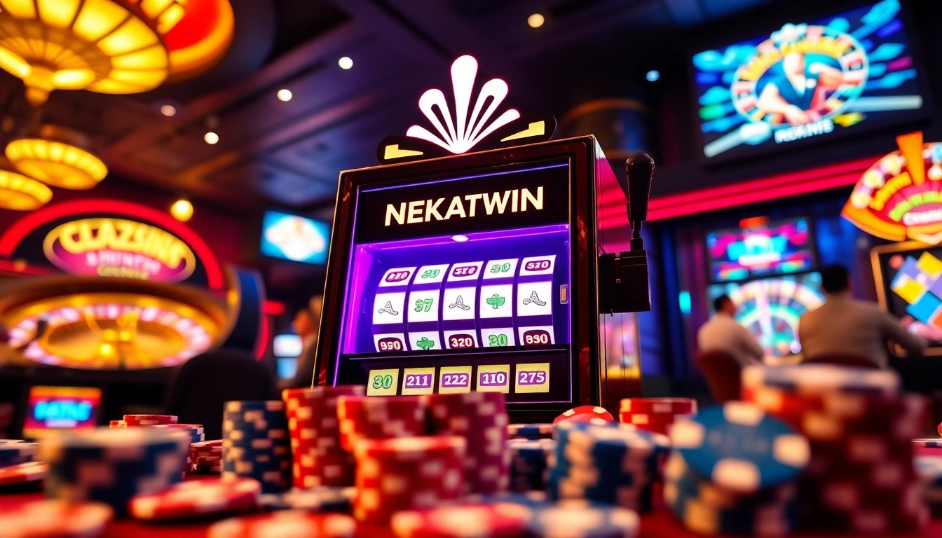 NEKATWIN slot machine surrounded by vibrant poker chips and cards in an upscale casino.