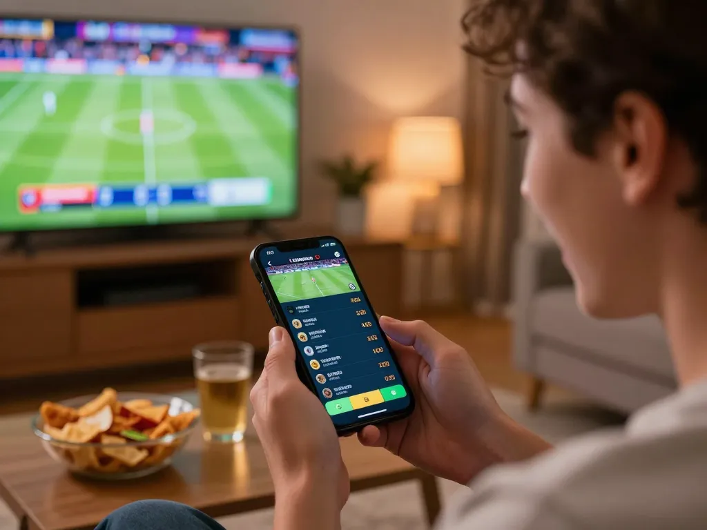 Person placing live bets on smartphone while watching sports on TV at https://lv88cha.com/.