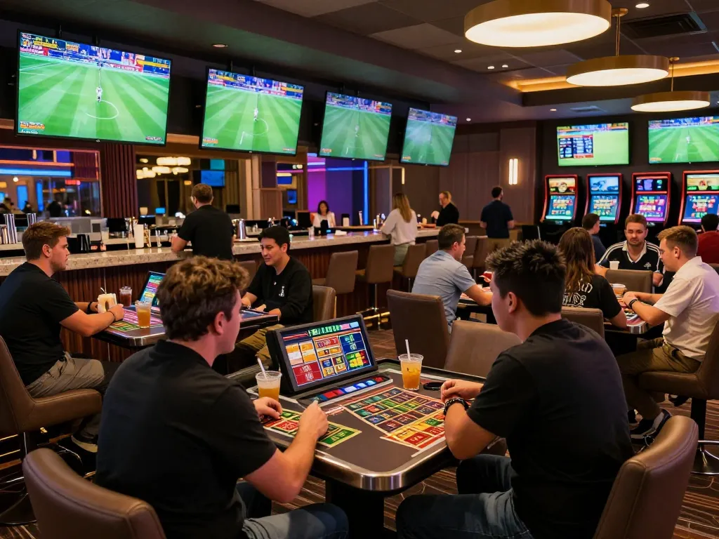 Pemain taruhan yang terlibat mengikuti skor sepak bola langsung di layar di lounge taruhan olahraga SPBO yang hidup.