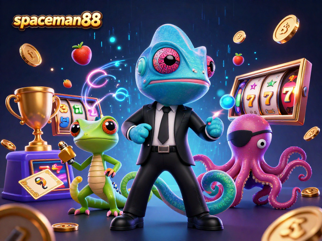 Engage with spaceman88 slot reels and characters in a vibrant casino scene.