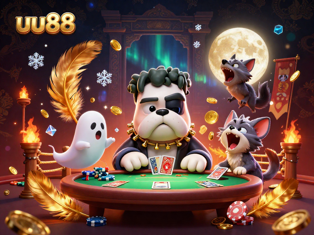 uu88 engaging poker scene with a Frankenstein bulldog and ghost mouse in a vibrant casino atmosphere