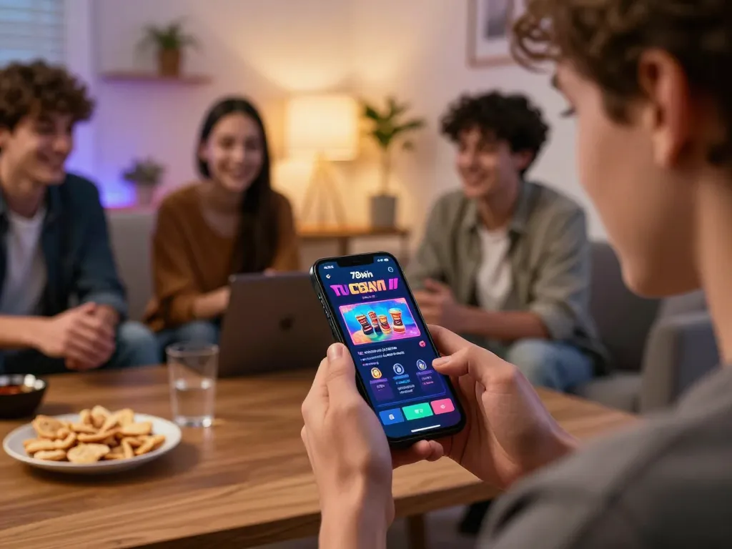 Enjoying the thrill of betting on the 78win app in a cozy home setting with friends.