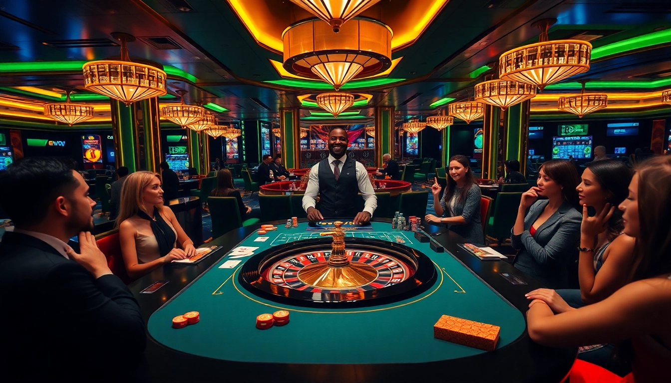 EVO Gaming table with excited players, professional dealer, chips, and cards in a luxurious casino setting.