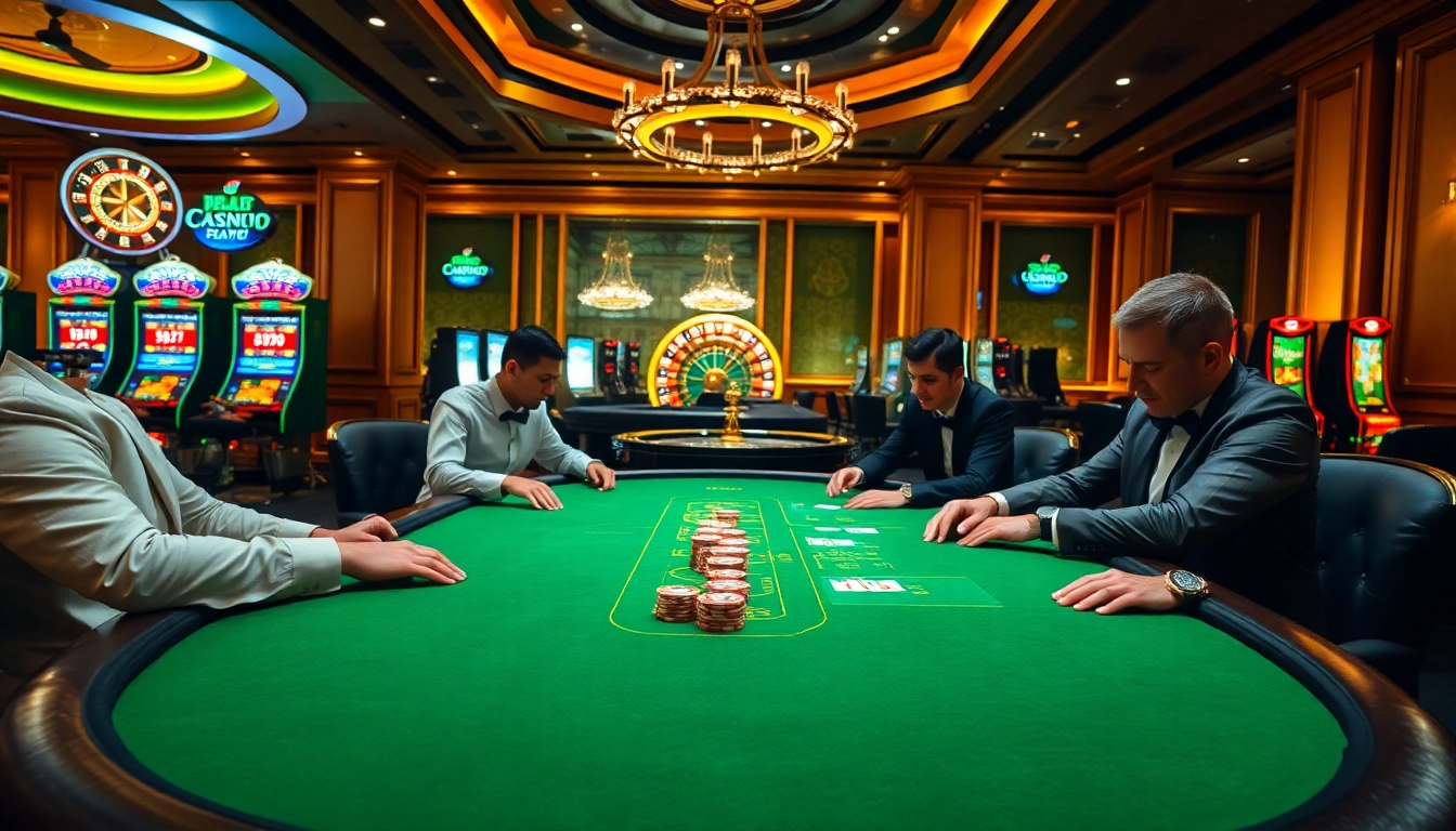 A dynamic poker game in action showcasing high-stakes players at https://lv88.ltd/, with glamorous casino elements.