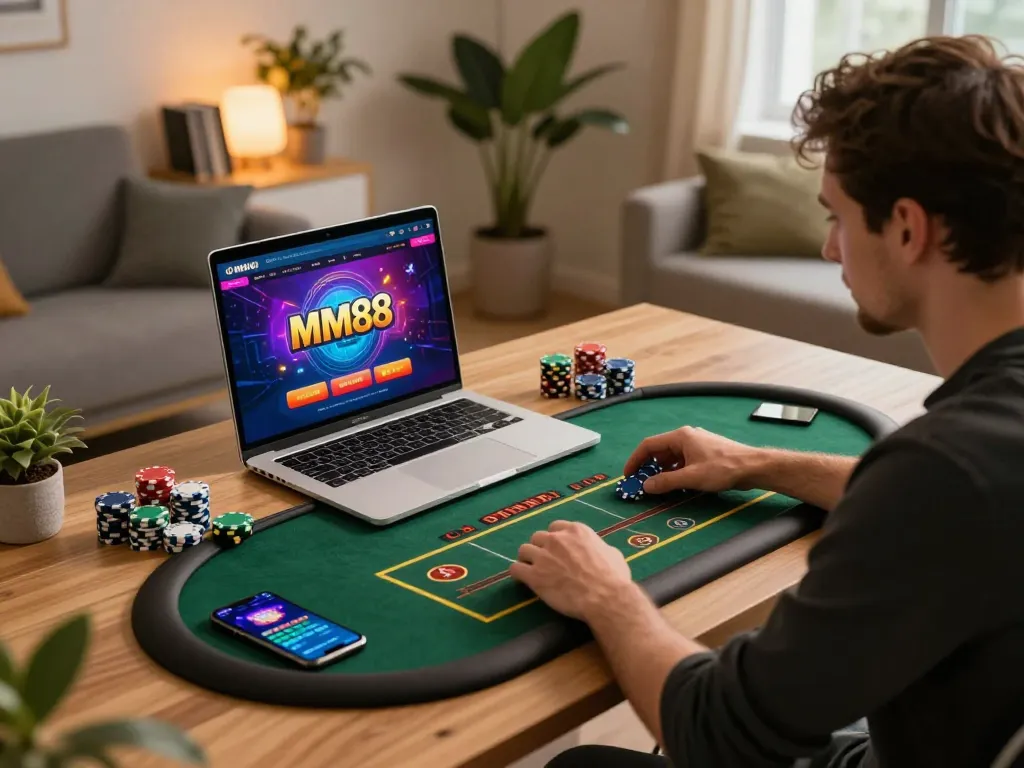 Player engaging with mm88 online casino game on laptop in cozy home office setting.