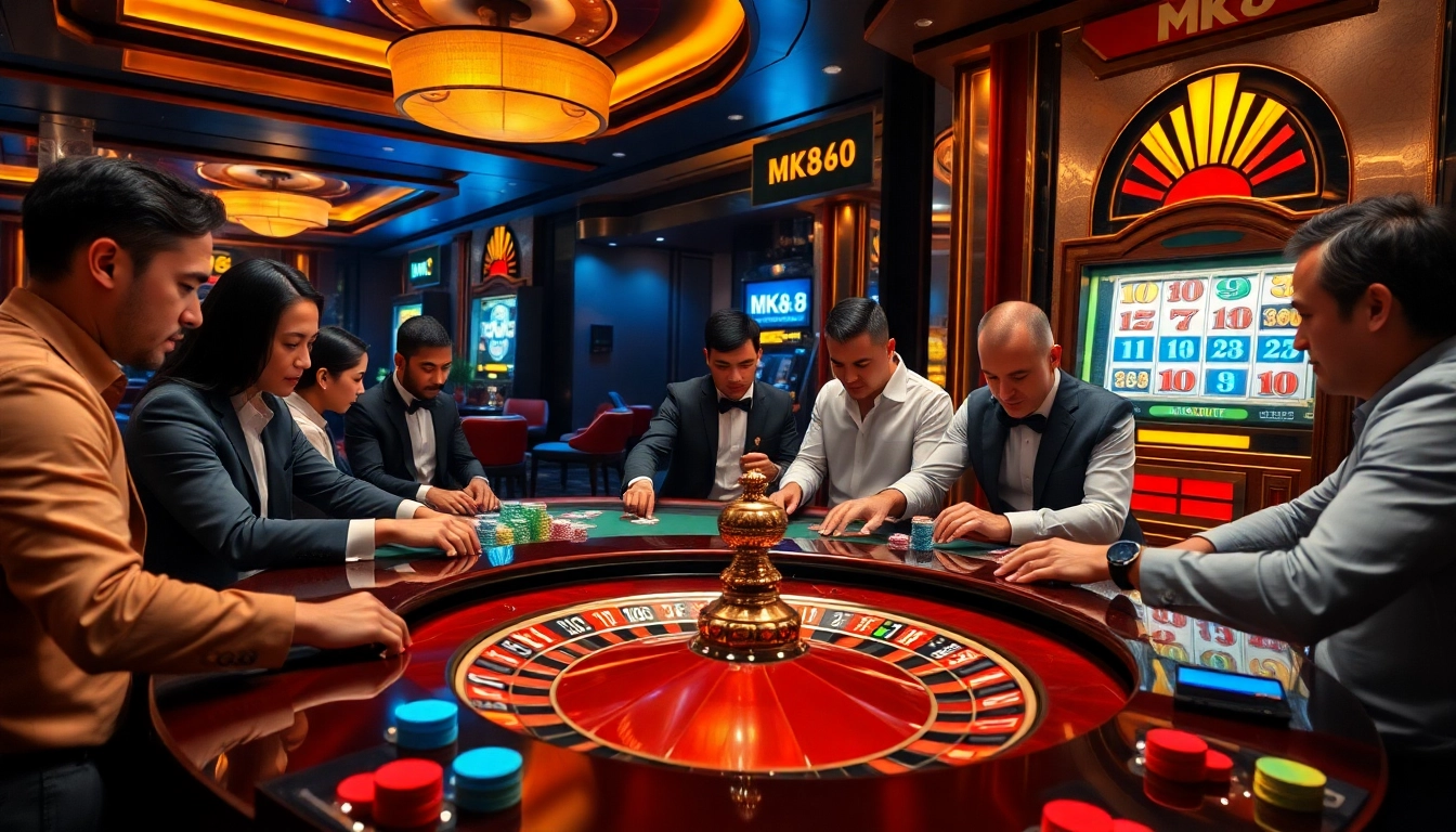 Engaged gamblers strategizing at an MK8 casino table, showcasing excitement and luxury.
