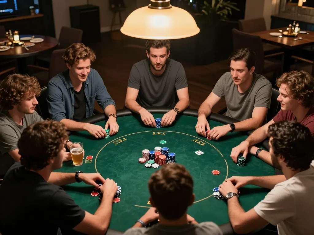 Friends enjoying an exciting game night at home while playing poker using MMOO strategies.