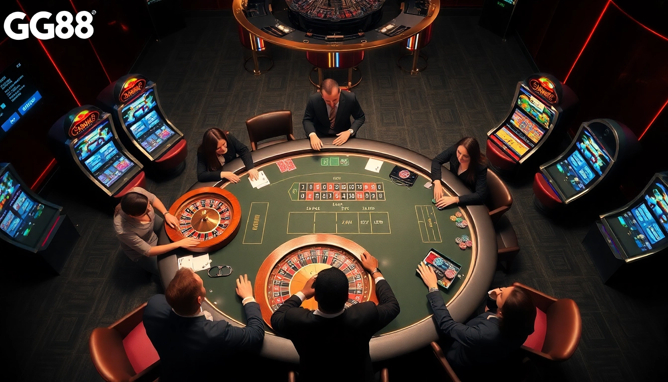 Engage in thrilling gameplay at GG88.black with vibrant poker chips and roulette wheels in action.
