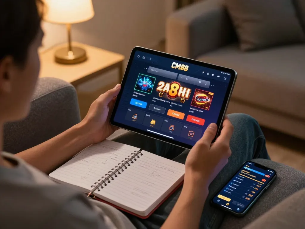 Player using CM88 mobile app for interactive online gambling while comfortably strategizing at home.