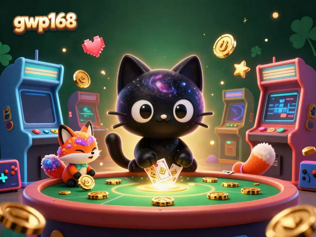 Menggambarkan aksi gwp168, kucing hitam berbintang di meja kasino, menangkap chip emas.