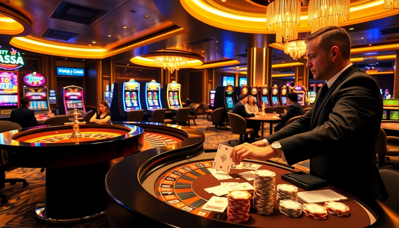Experience excitement at bong88.casa with players enjoying live poker and roulette in a vibrant casino atmosphere.