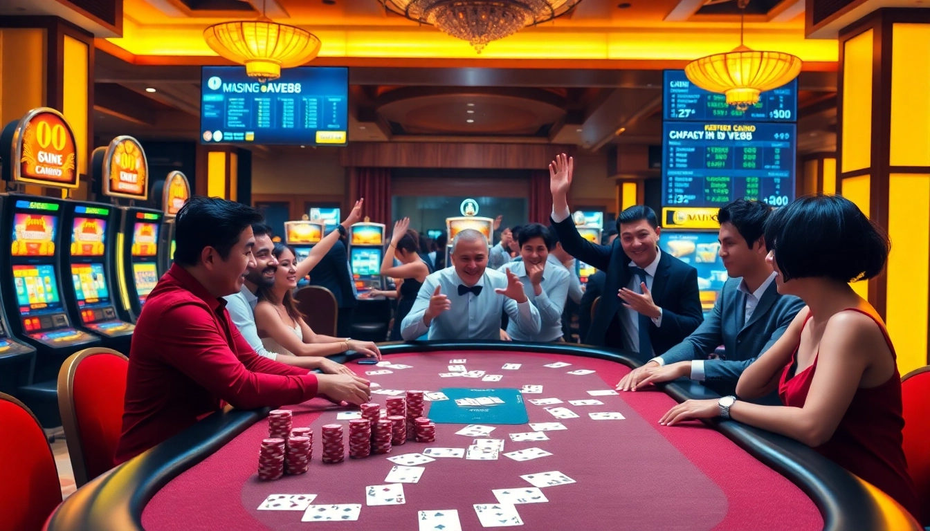 Players enjoying a thrilling casino experience at mv88 with poker chips and cards.