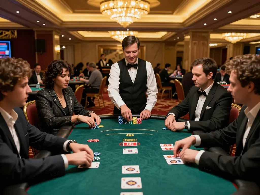 Engaged players showcasing strategic moves with TK 999-themed poker chips during a high-stakes casino game.