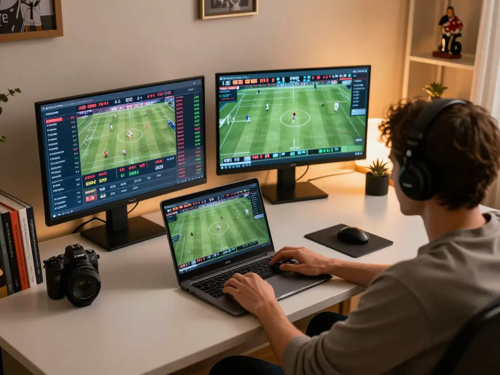 Engaging in sports betting on laptop, showcasing Keo nha cai odds and live events for an immersive experience.