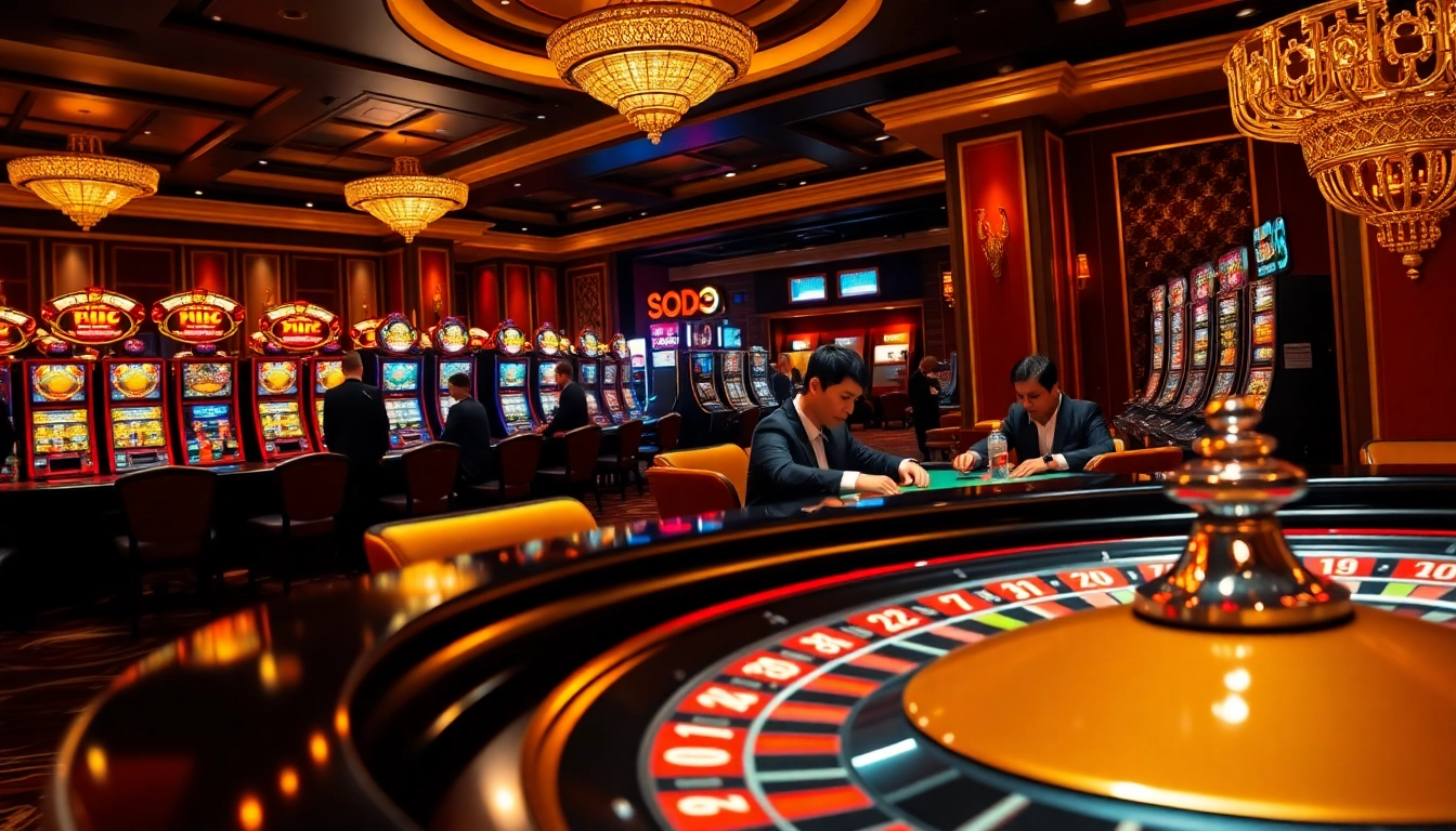SODO66 players strategizing at a luxurious casino table amidst vibrant slot machines and rich decor.