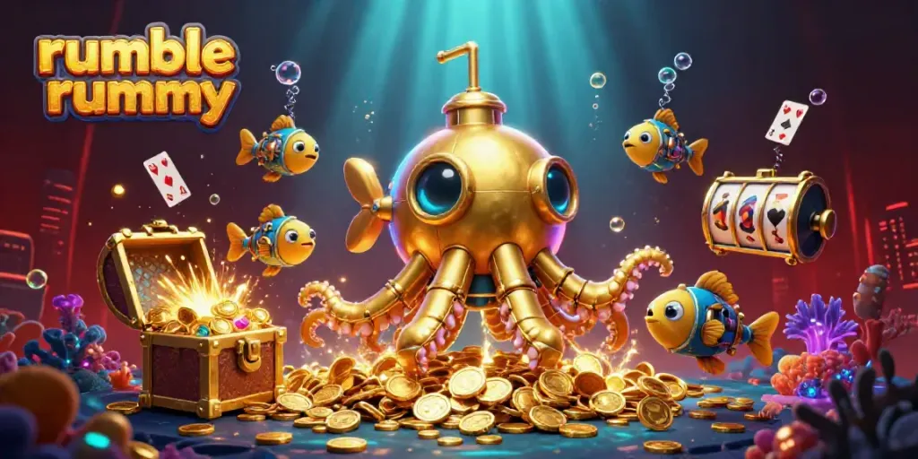 Play real cash games with Rumble Rummy's captivating underwater scene showcasing a fun golden kraken.