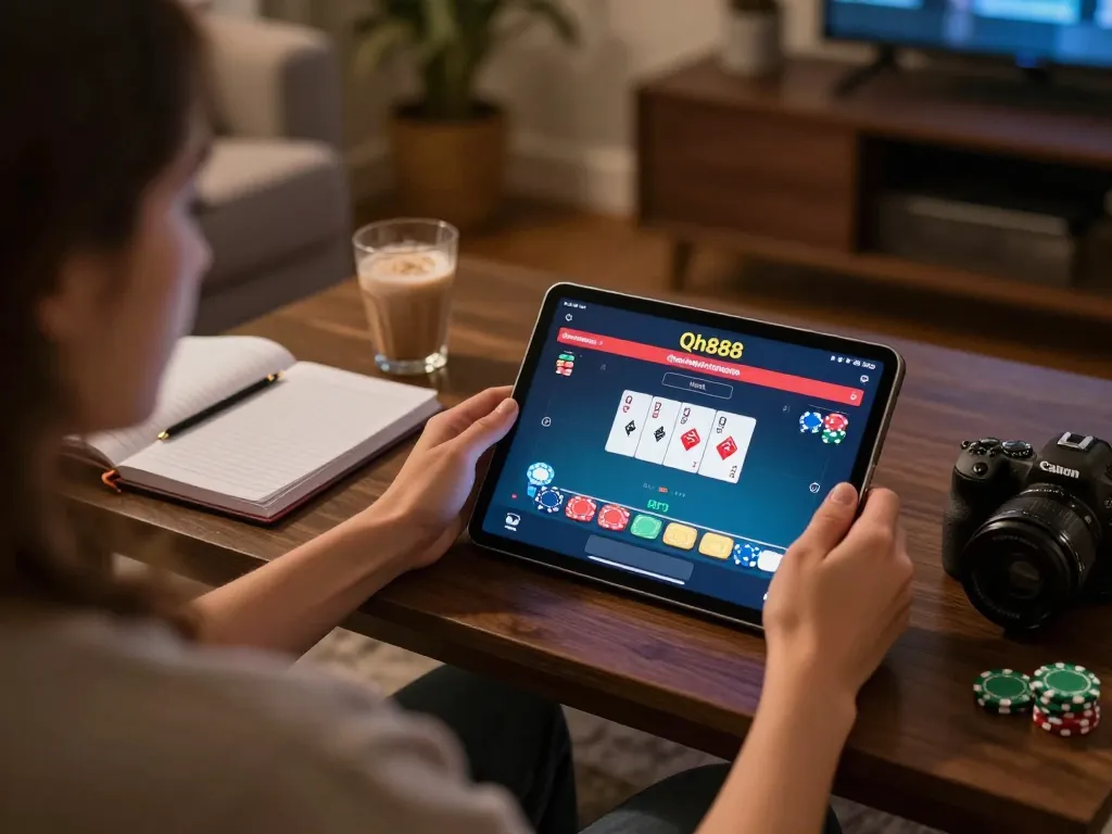 Player enjoying poker on Qh888 platform at home with table setup and warm lighting