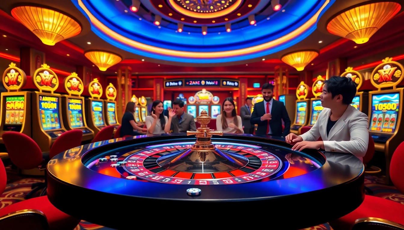 Excited players enjoying thrilling dn88 casino games at a luxurious roulette table.