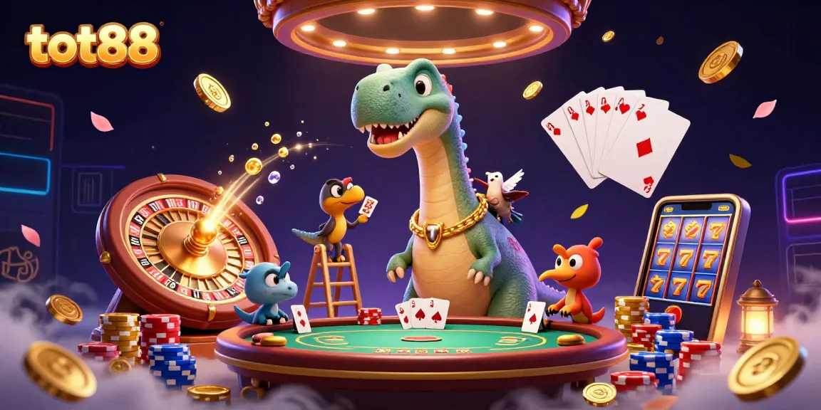 tot88-themed scene featuring a humorous brontosaurus in a vibrant casino setting