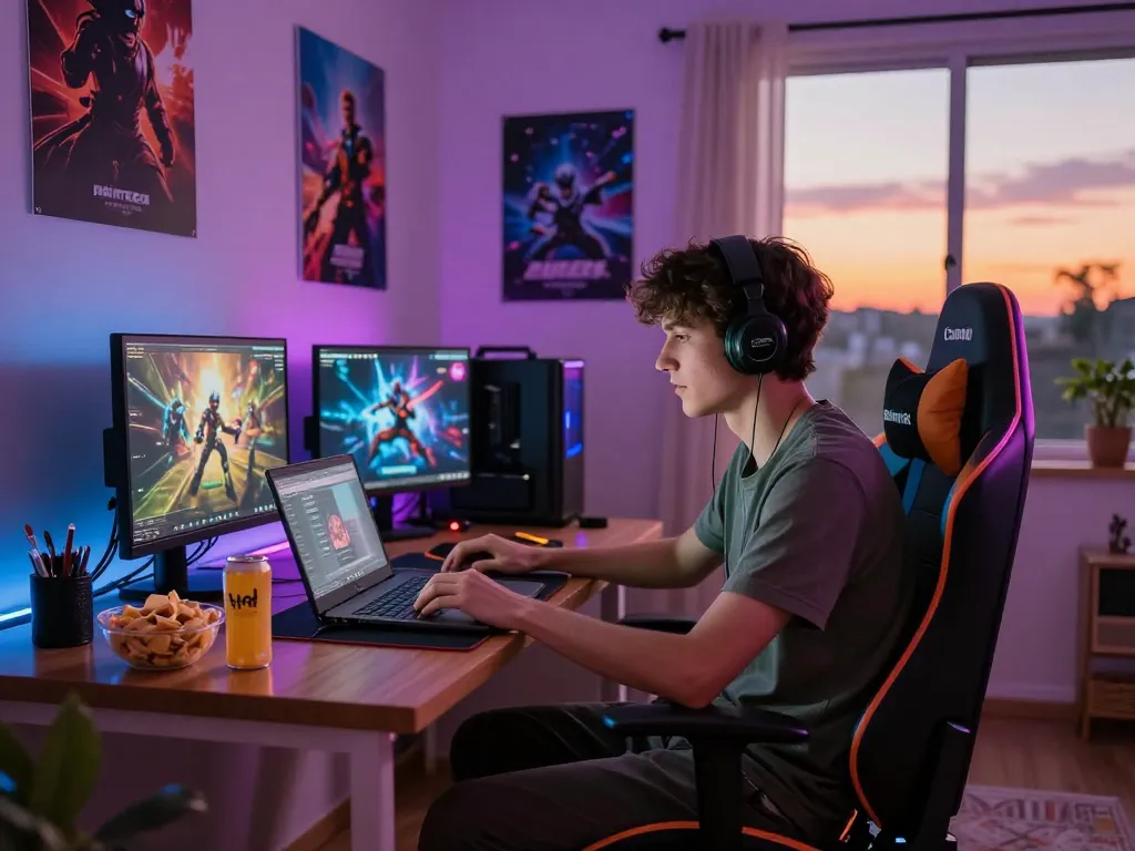 Engaging gamer downloading tải sunwin app on laptop in a cozy setting