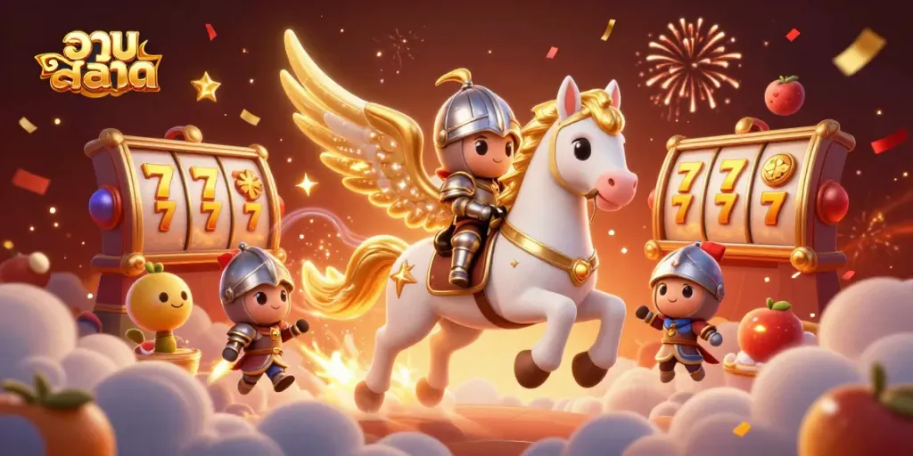 Engage with รวมสล็อต as whimsical 3D characters and slot machine elements create a vibrant casino scene.