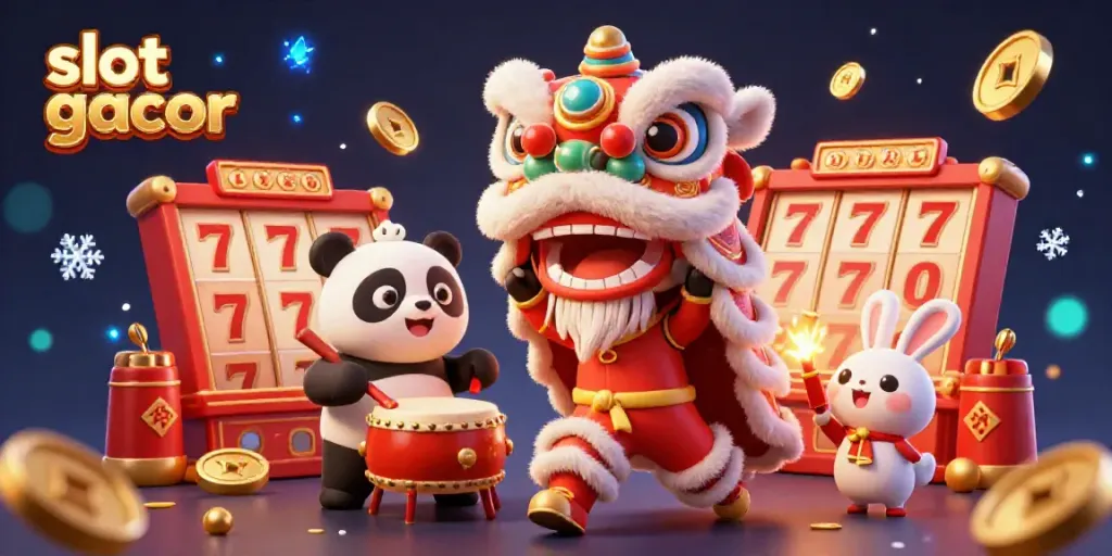 Experience the vibrant slot gacor atmosphere with a joyful lion dance and casino symbols.