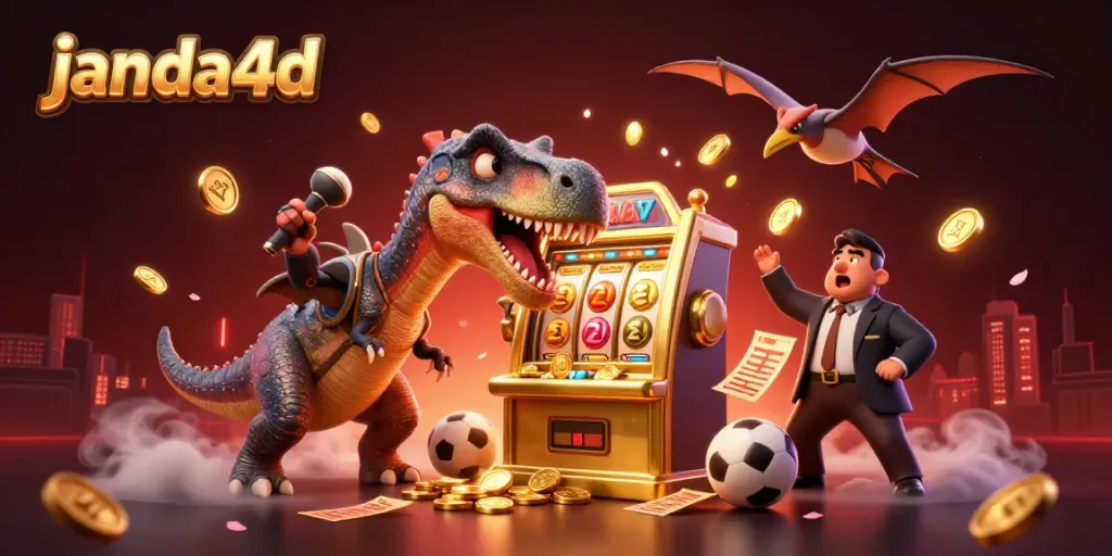 janda4d menghadirkan ilustrasi unik dengan dinosaurus dan mesin slot dalam suasana taruhan olahraga yang dinamis
