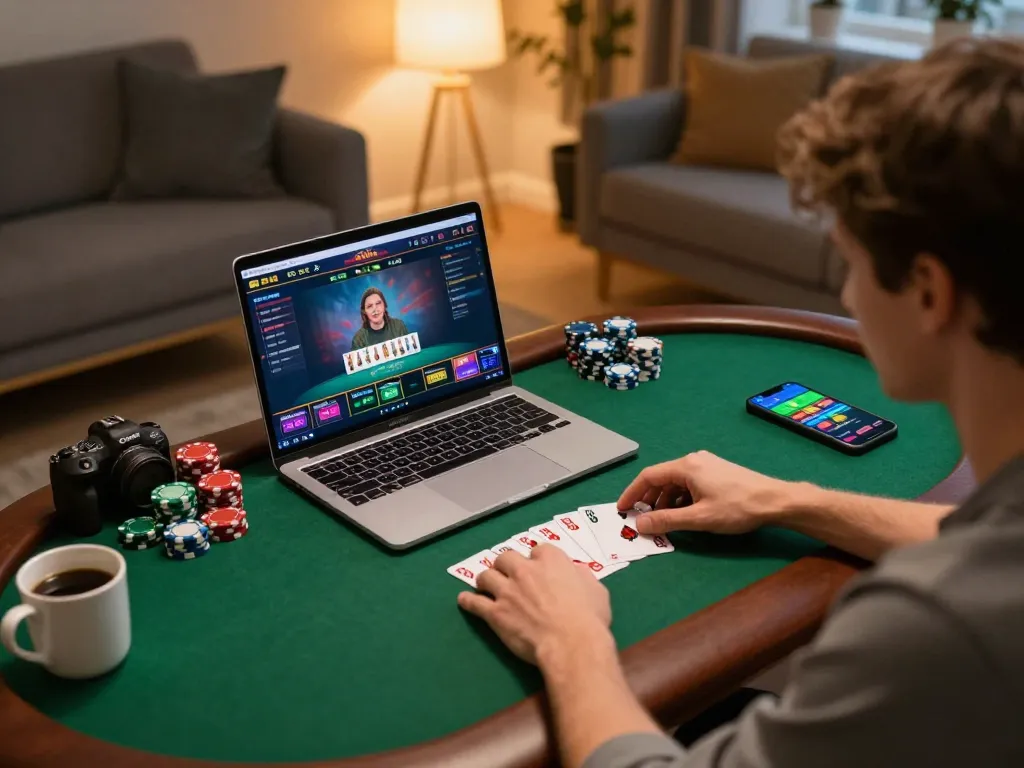 Engaged player strategizing on hm88 poker game while relaxing at home with laptop, showcasing online gaming excitement