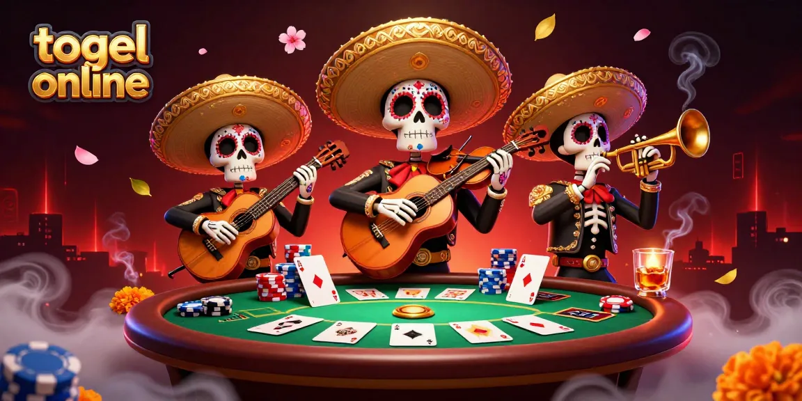 Engage in togel online gameplay with vibrant casino-themed Día de los Muertos 3D illustration.