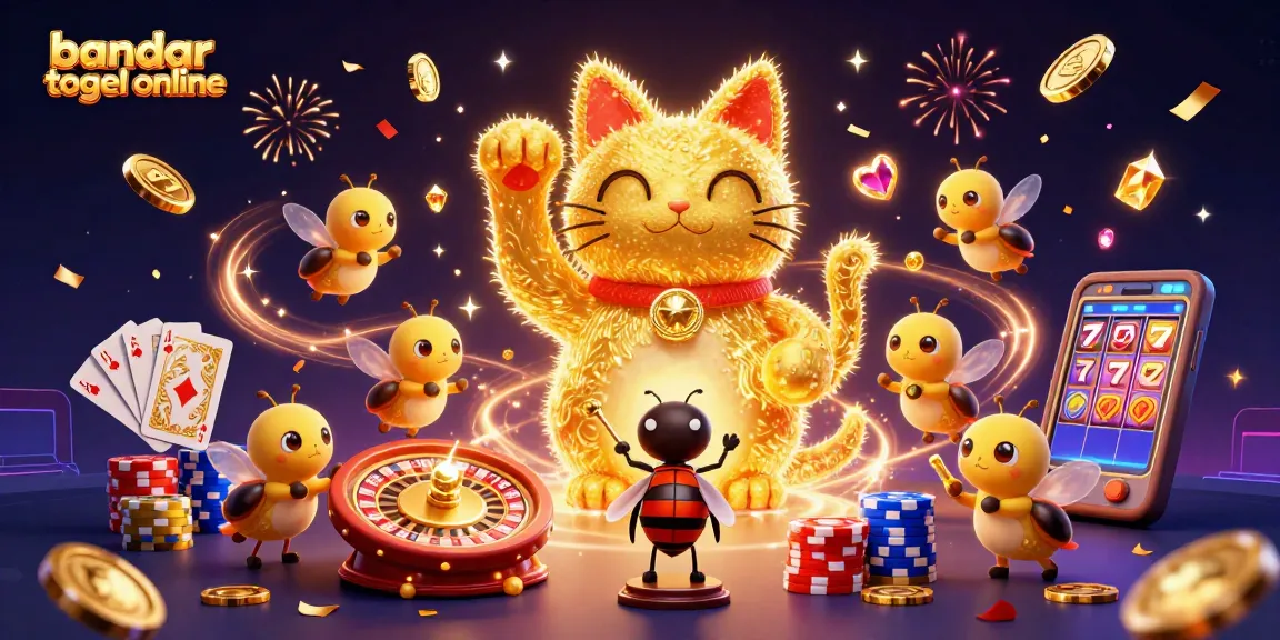 Engage with bandar togel online through a whimsical 3D illustration of a lucky cat and vibrant casino elements.