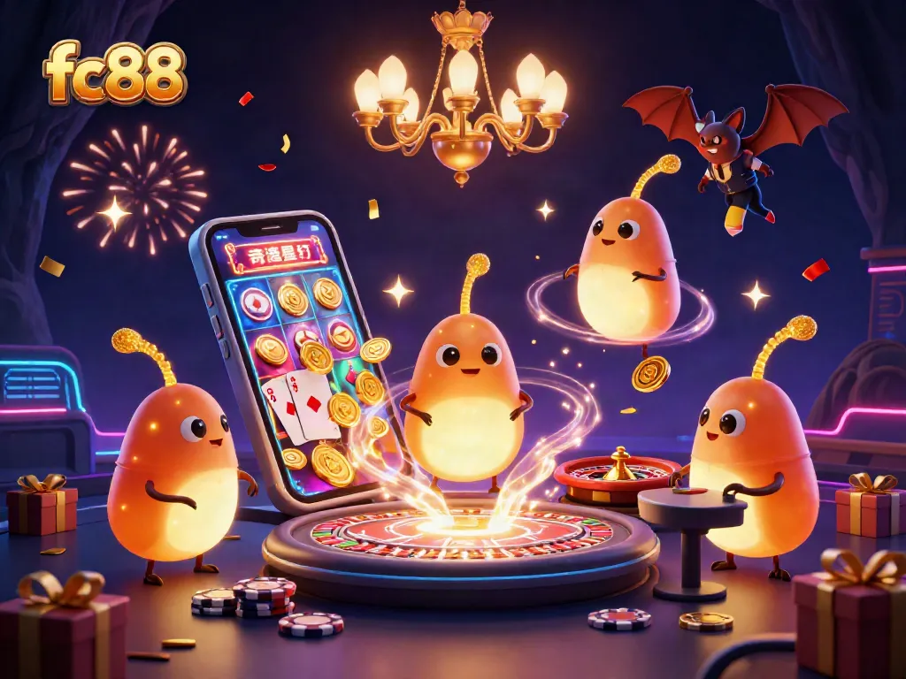 Experience the vibrant energy at fc88's cave casino with glowing characters and exciting games.