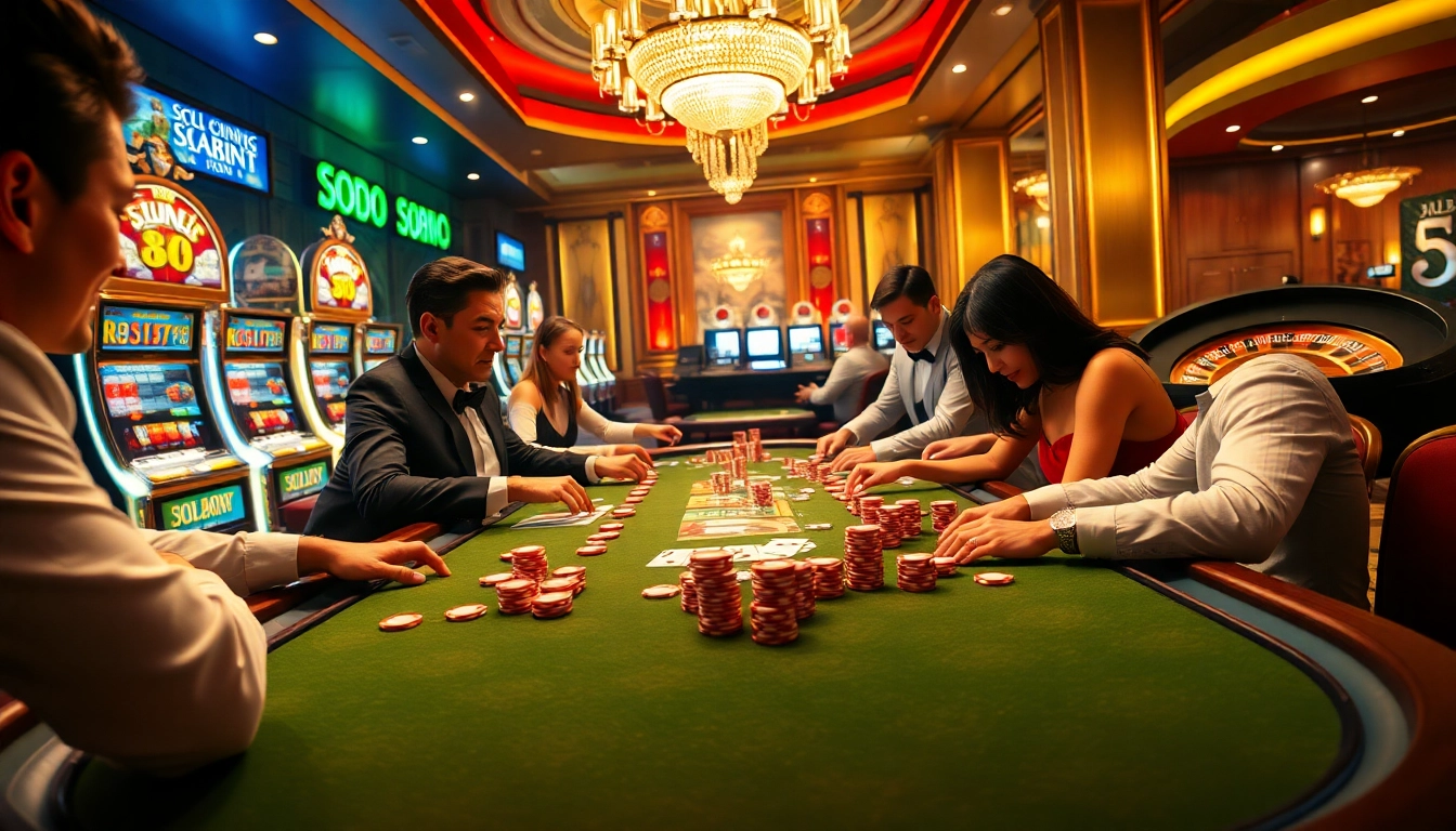 SODO Casino players immersed in an exciting poker game amidst vibrant gaming atmosphere.