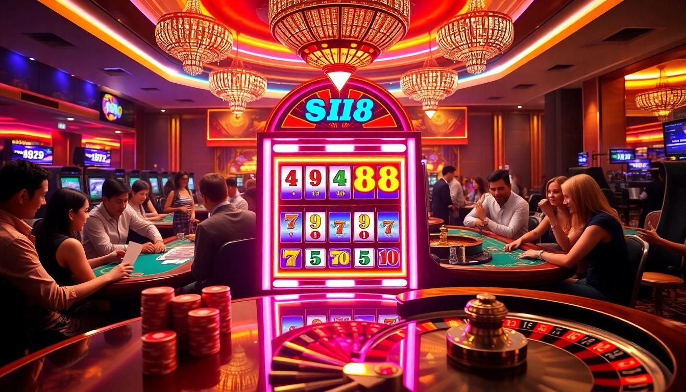 Players enjoying the exciting slot88 experience at a vibrant casino with colorful machines.