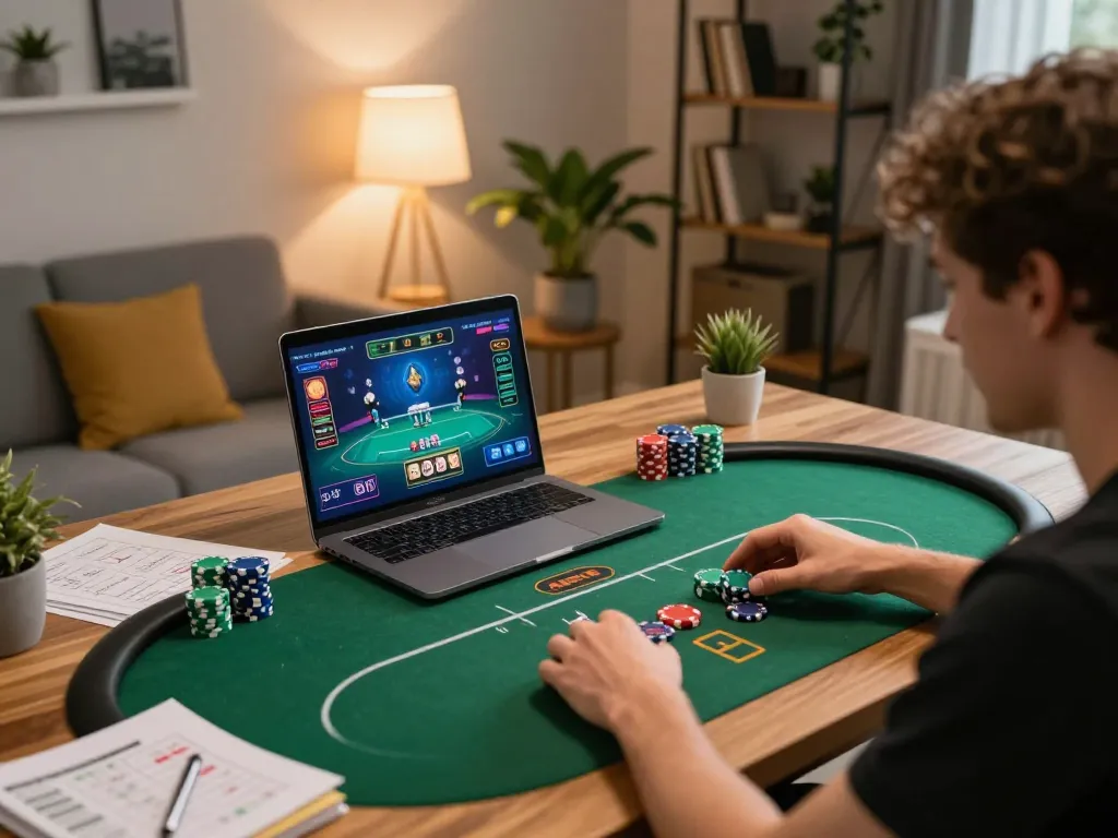 Player enjoying the strategic online poker game on TR88, with chips and notes around.