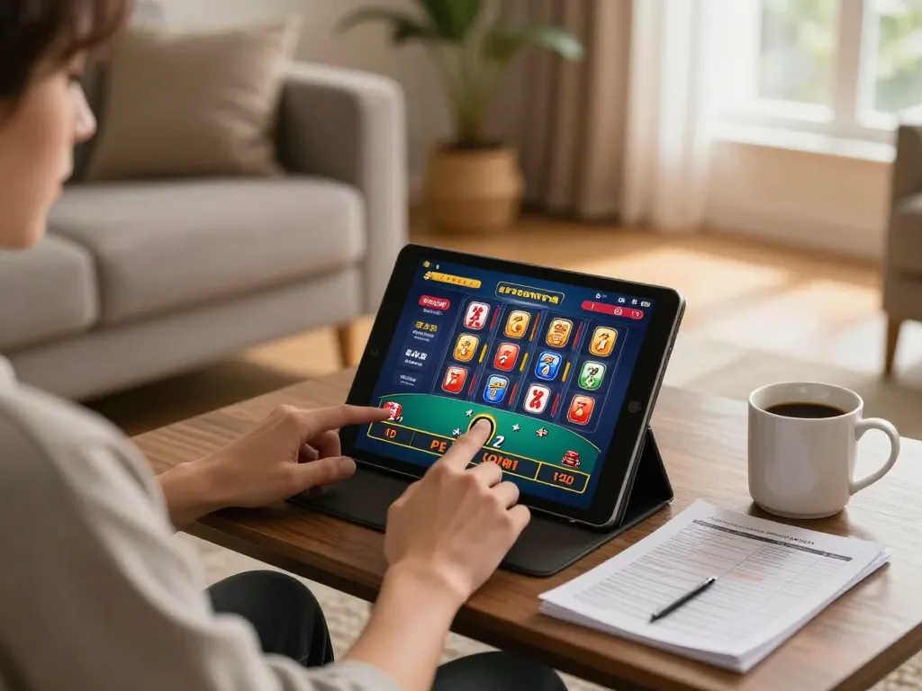 Engaging in online gaming at home on win678 com with casino games displayed on tablet.