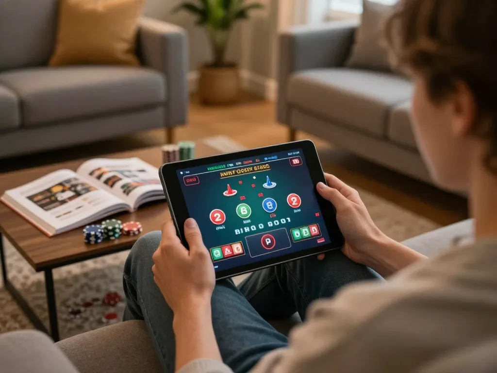 Engaging online gambling experience with lc88 on tablet in a cozy home setting.