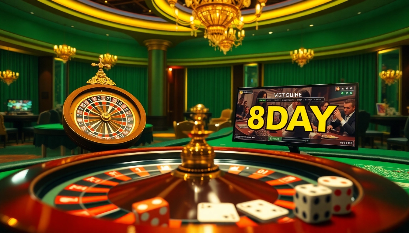 Experience 8DAY excitement with vibrant poker chips and roulette wheels in a luxurious casino scene.