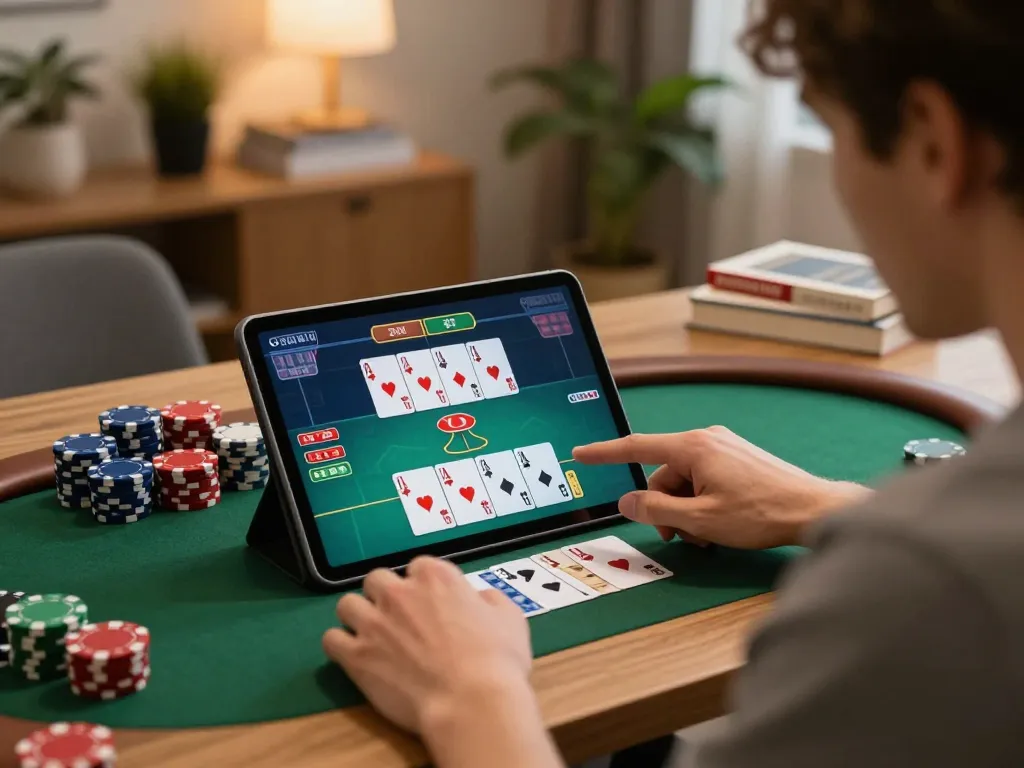Player enjoying a strategic poker game on LV88, demonstrating intense concentration and immersive online gambling.