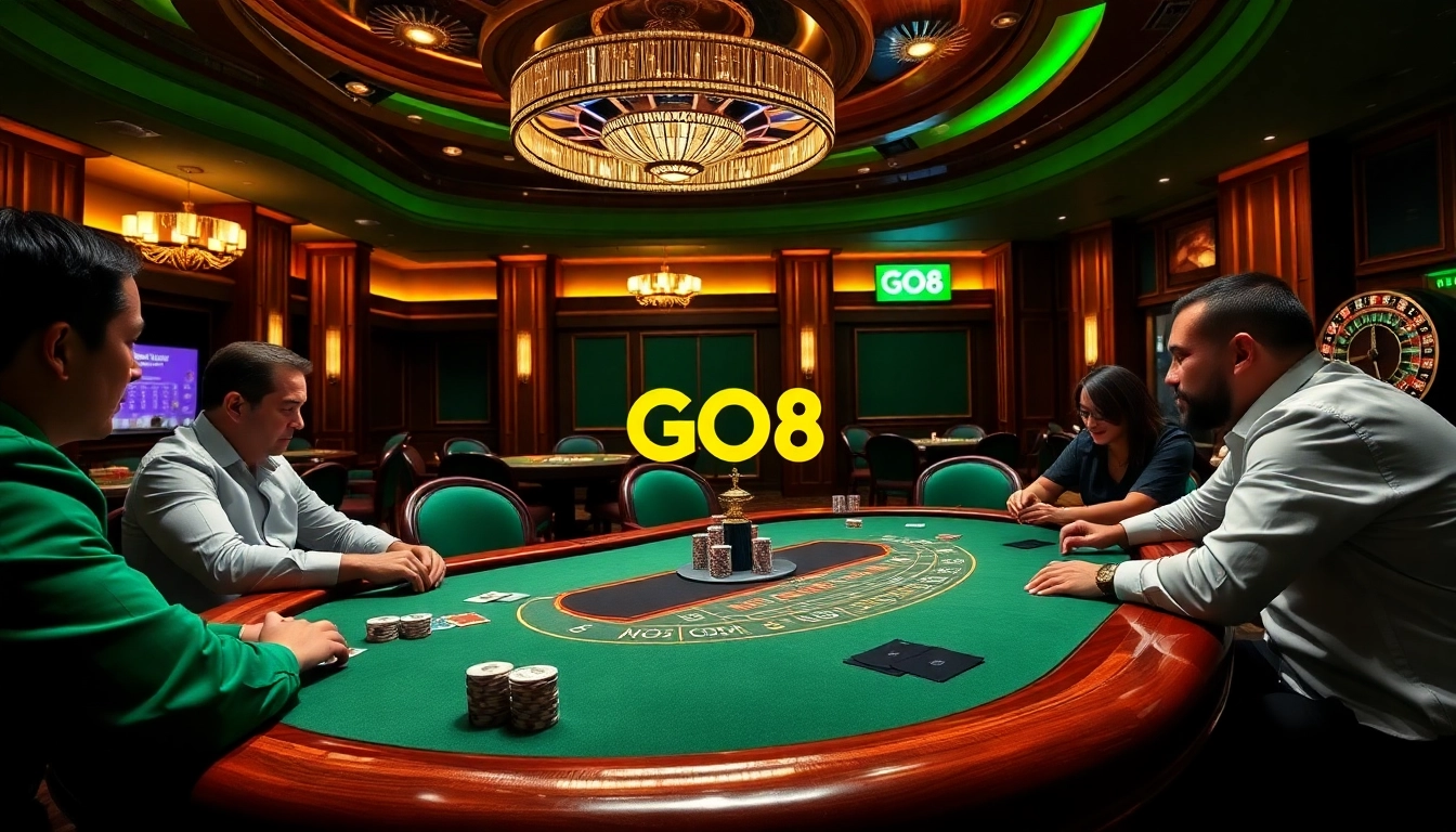 Players at a poker table showcasing skills and GO8 branding in a luxurious casino.