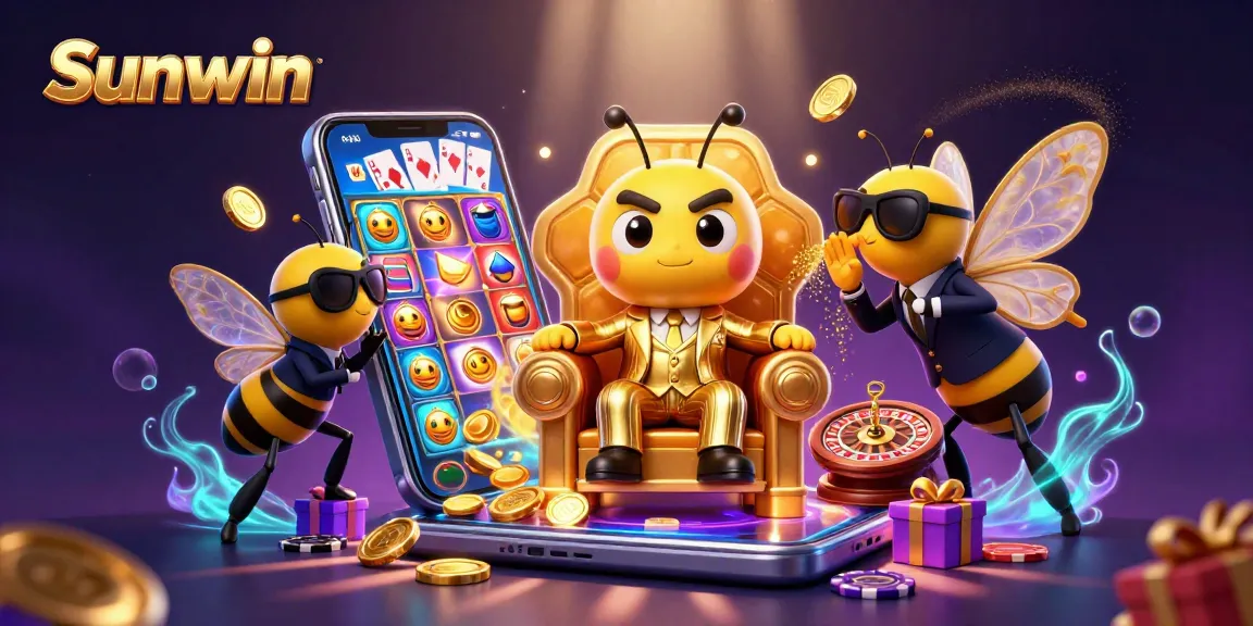 Sunwin’s vibrant casino scene with a bumblebee mob boss, slot games, and golden coins erupting.