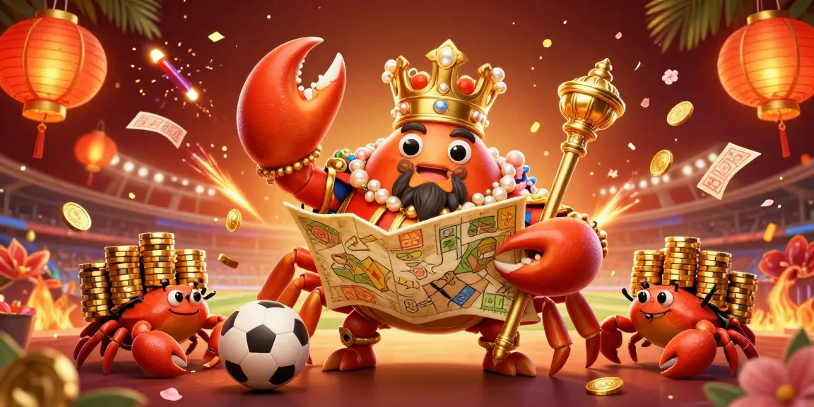 Kèo nhà cái sports betting scene featuring a golden crab emperor, sports elements, and festive decorations.
