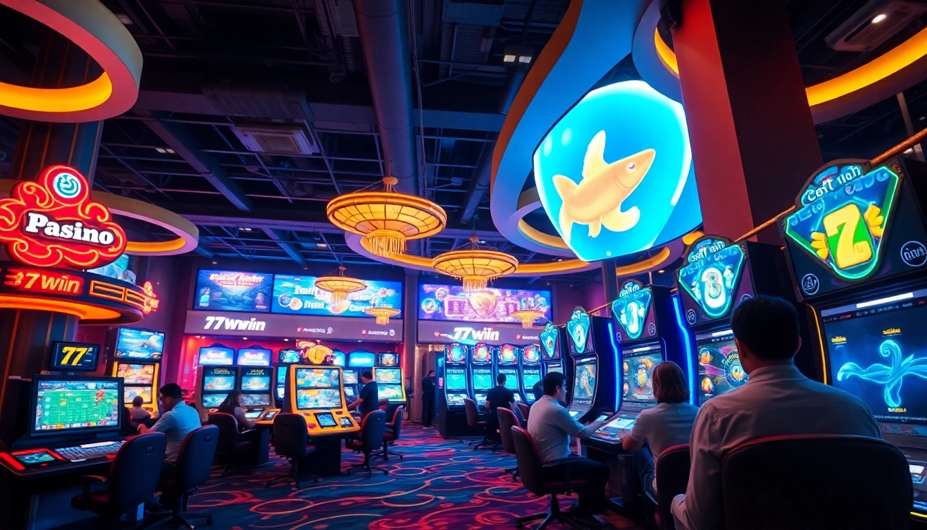 A vibrant casino scene showcasing 77win's diverse gaming options, exuding excitement and luxury.