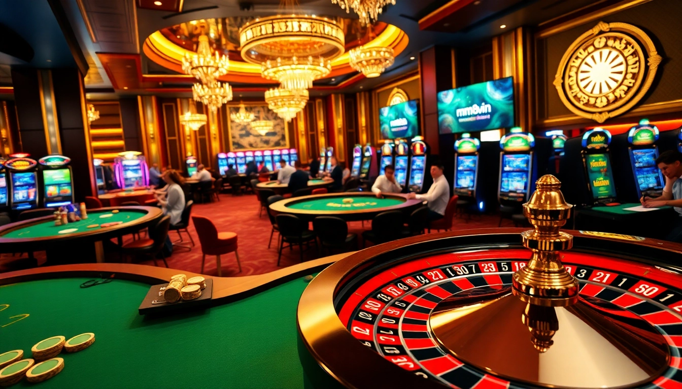 Win big at https://mm88.vin/ with excitement at casino tables featuring poker chips and a spinning roulette wheel.