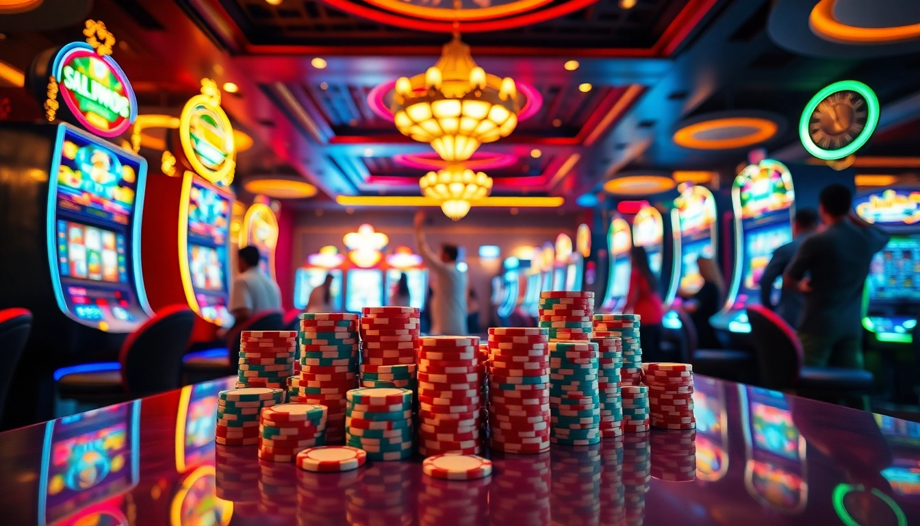 Excited players enjoying slot gacor machines in a luxurious casino environment.
